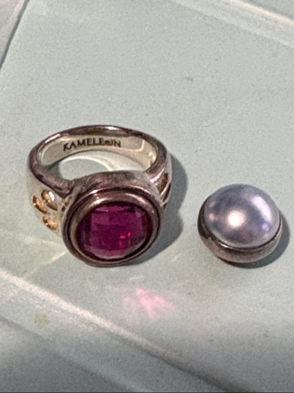 Silver Ring with Pink Gem Interchangeable Top by Kameleon size 5